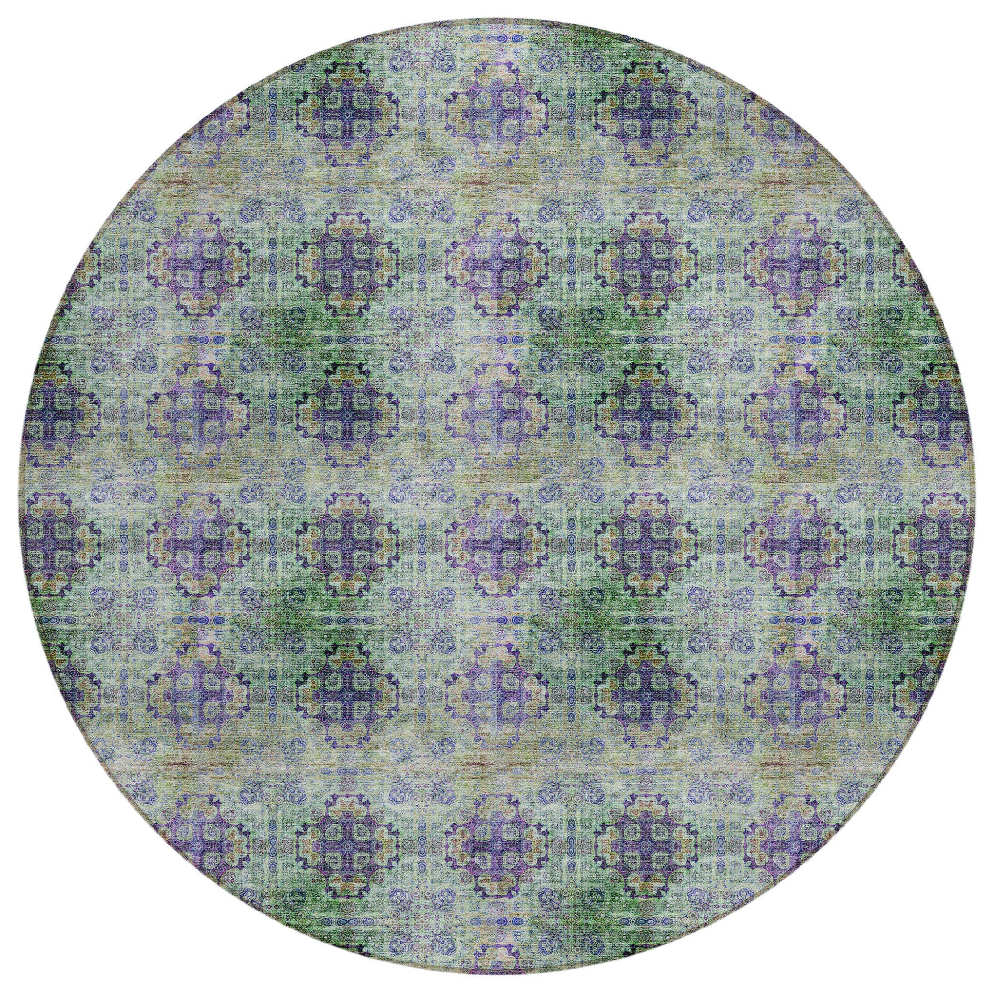 8 Round Purple and Green Round Floral Medallion Washable Non Skid Indoor Outdoor Area Rug