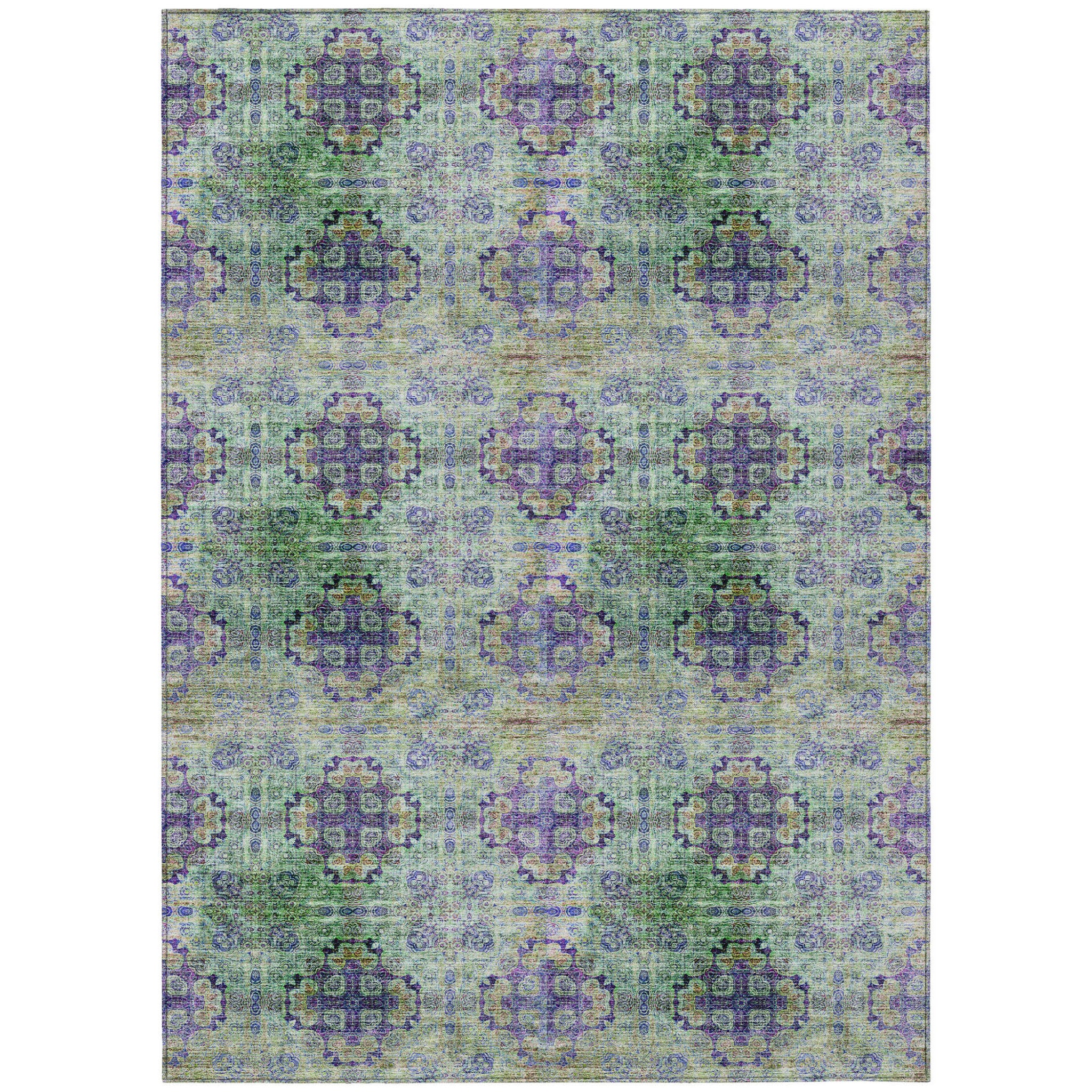 9 X 12 Purple and Green Floral Medallion Washable Non Skid Indoor Outdoor Area Rug