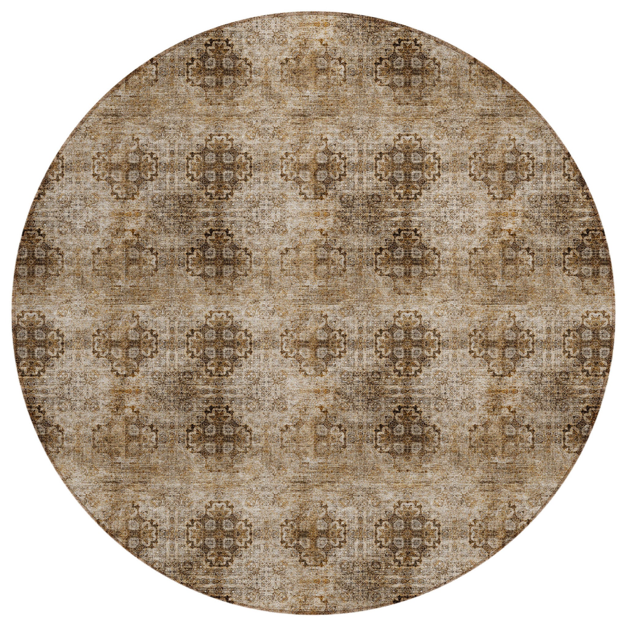 8 Round Taupe Round Floral Medallion Washable Non Skid Indoor Outdoor Area Rug