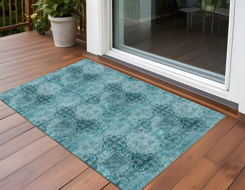 2 X 3 Teal Floral Medallion Washable Non Skid Indoor Outdoor Area Rug