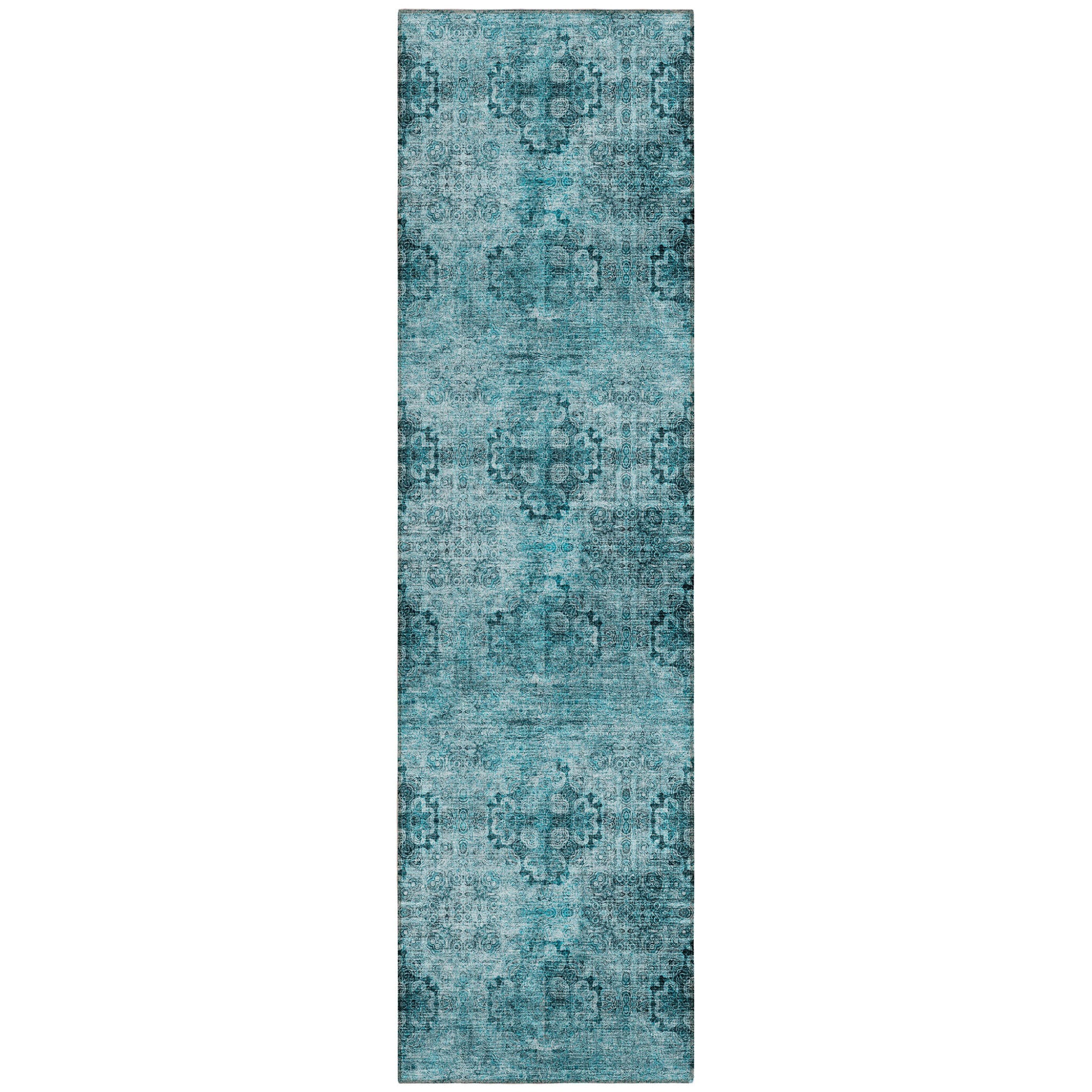 8 Runner Teal Floral Medallion Washable Non Skid Indoor Outdoor Runner Rug