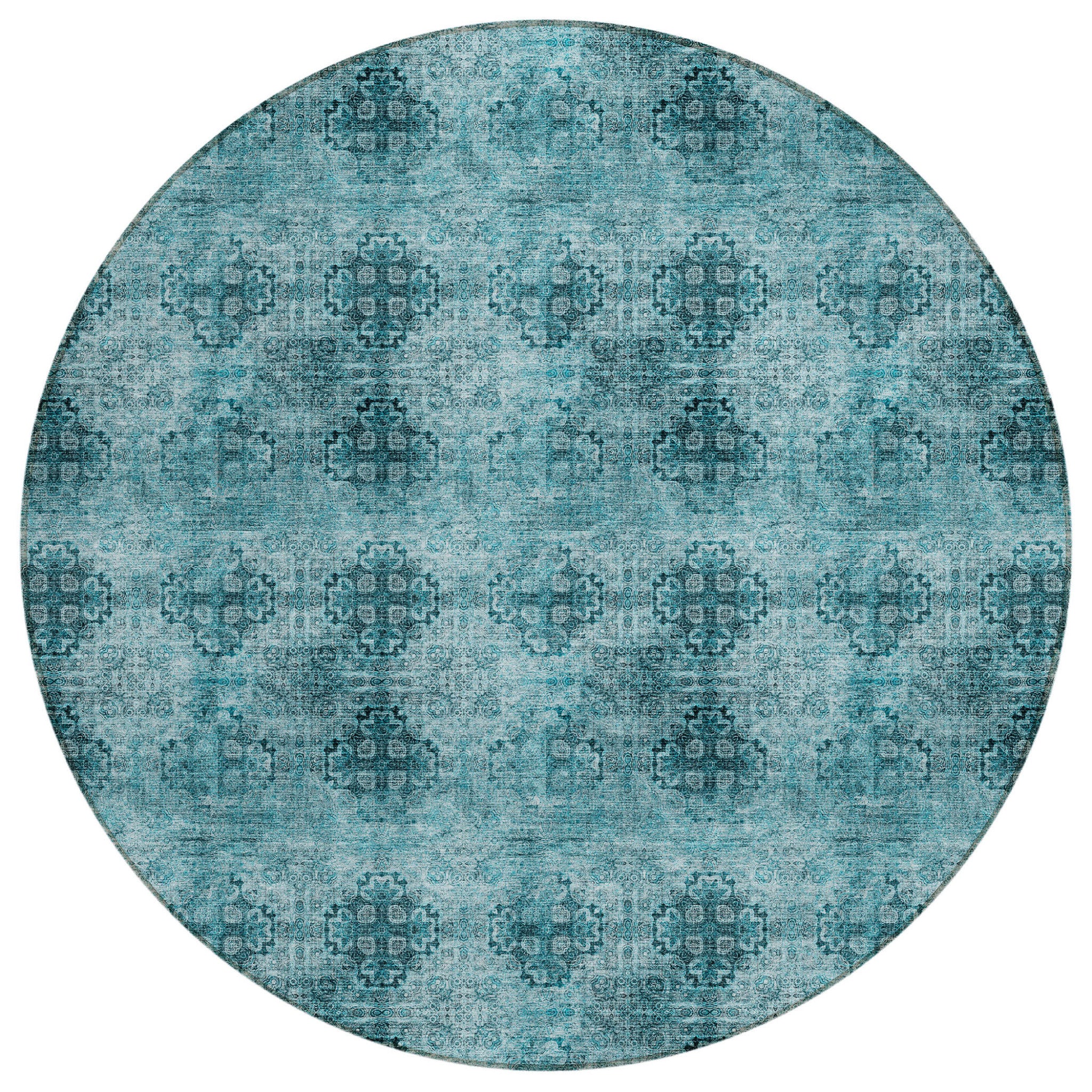 8 Round Teal Round Floral Medallion Washable Non Skid Indoor Outdoor Area Rug