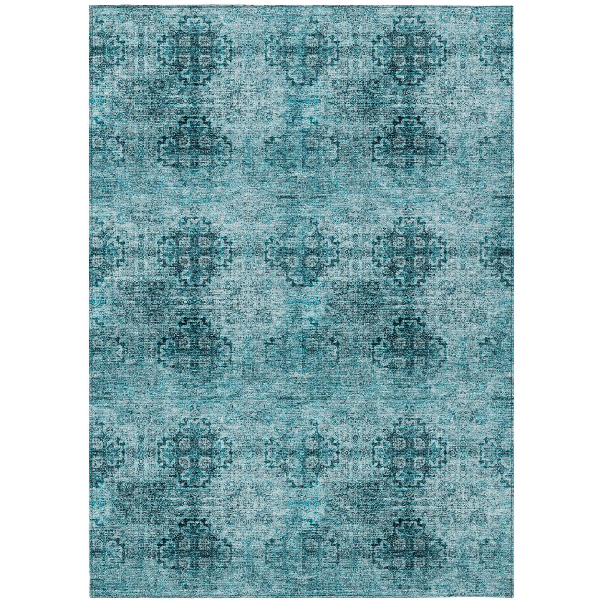 8 X 10 Teal Floral Medallion Washable Non Skid Indoor Outdoor Area Rug