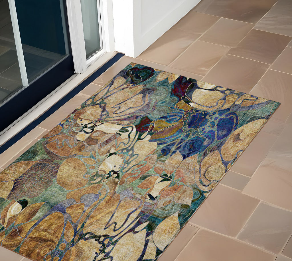3 X 5 Beige and Blue Floral Washable Non Skid Indoor Outdoor Area Rug