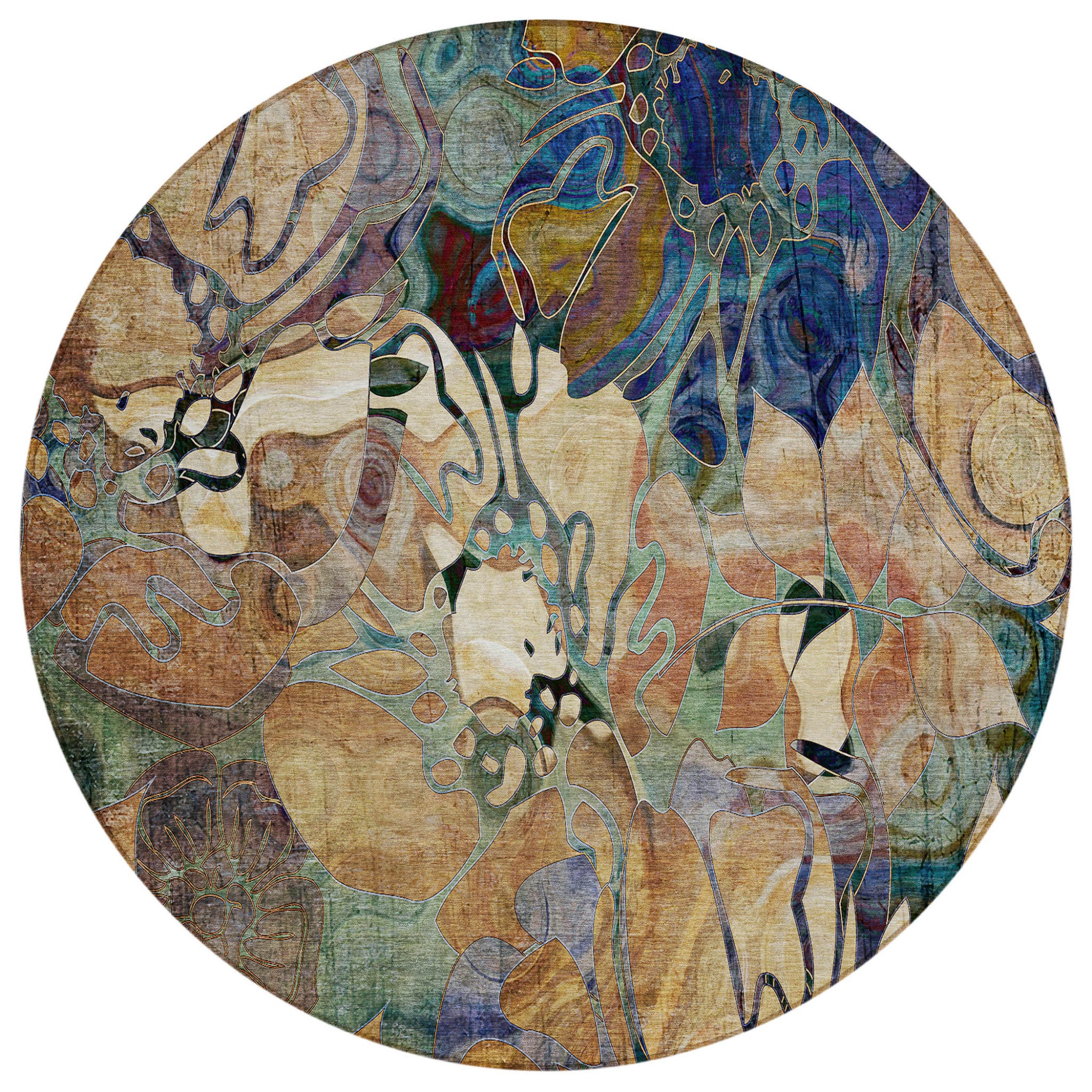 8 Round Beige and Blue Round Floral Washable Non Skid Indoor Outdoor Area Rug