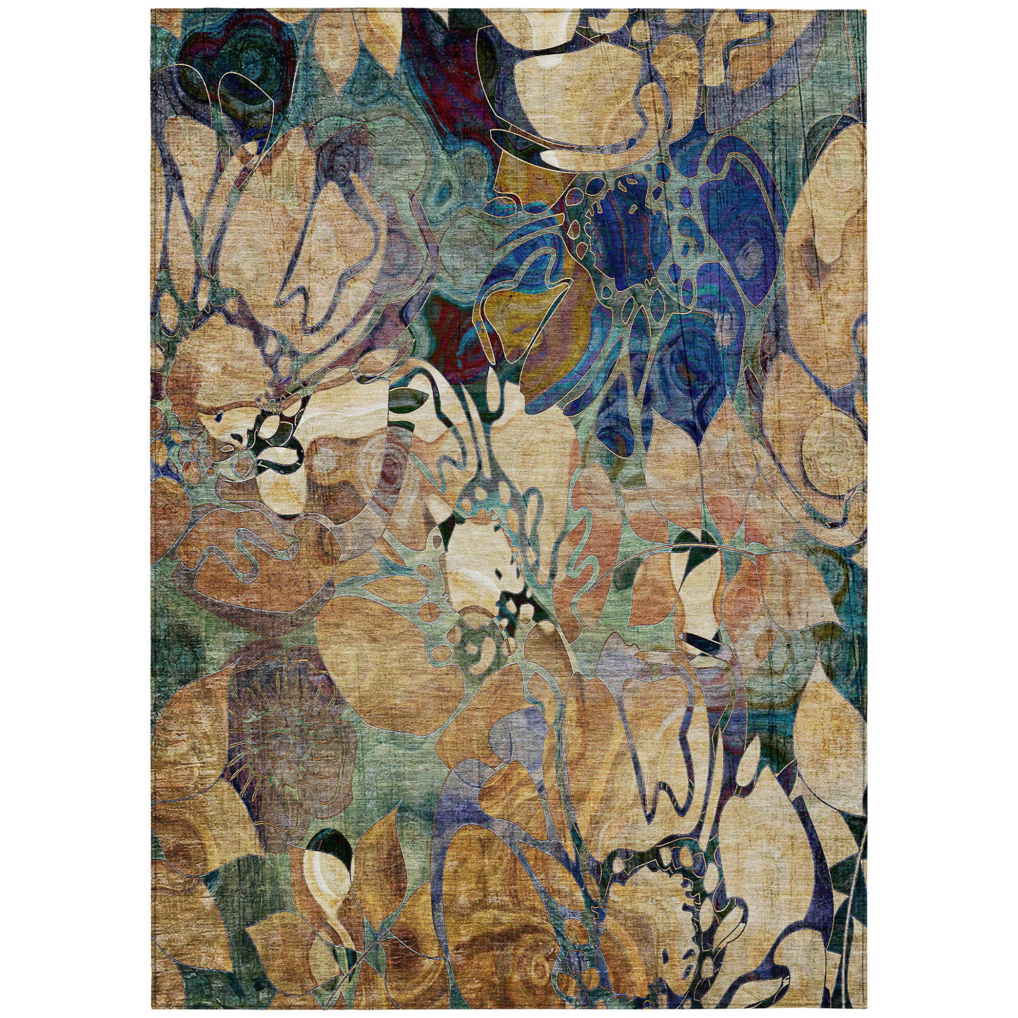9 X 12 Beige and Blue Floral Washable Non Skid Indoor Outdoor Area Rug