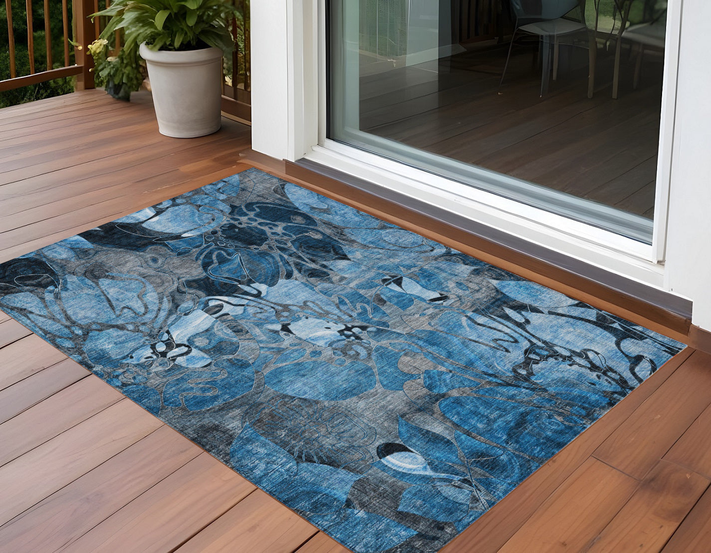 2 X 3 Blue and Gray Floral Washable Non Skid Indoor Outdoor Area Rug