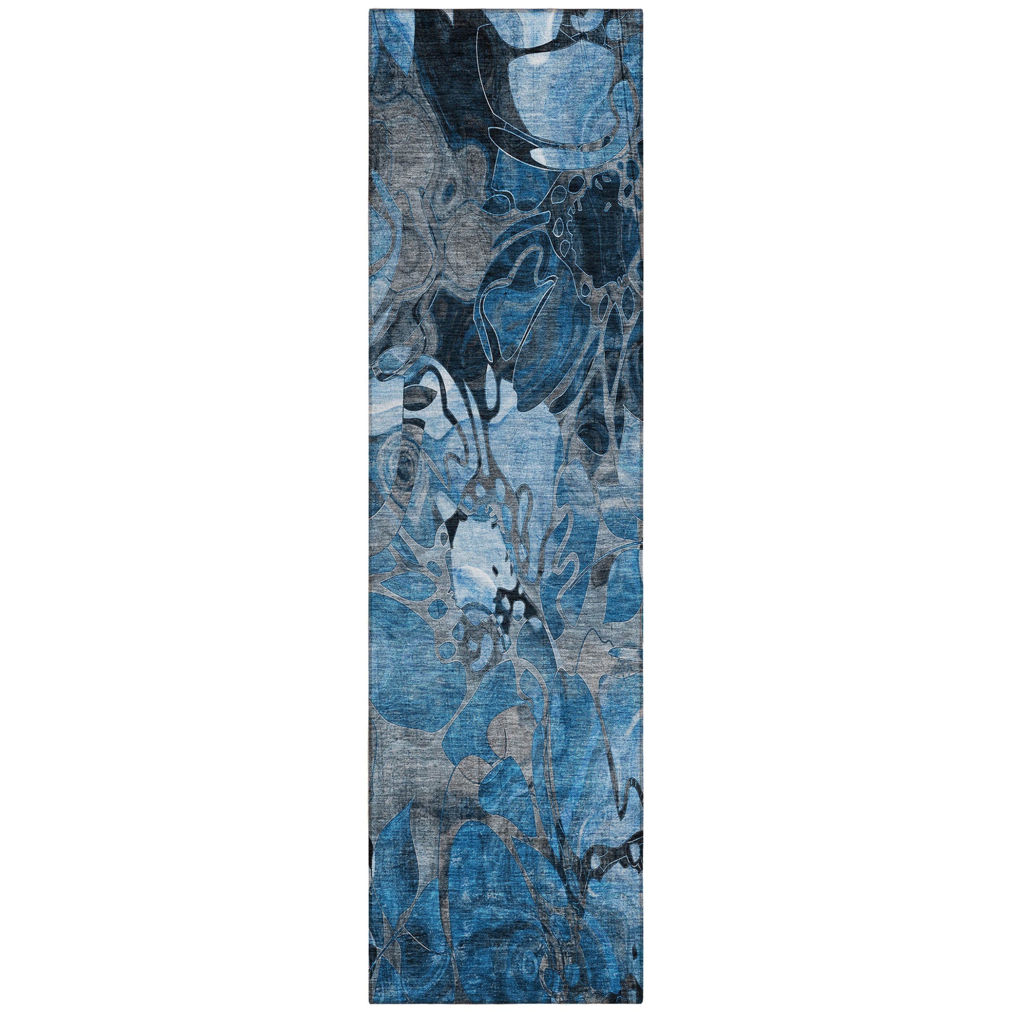 8 Runner Blue and Gray Floral Washable Non Skid Indoor Outdoor Runner Rug