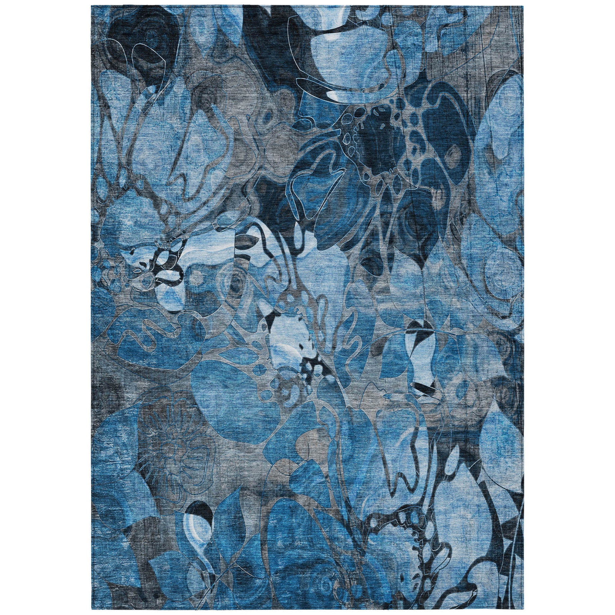5 X 8 Blue and Gray Floral Washable Non Skid Indoor Outdoor Area Rug