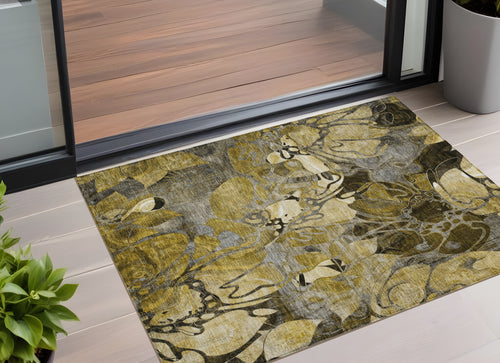 2 X 3 Green and Brown Floral Washable Non Skid Indoor Outdoor Area Rug