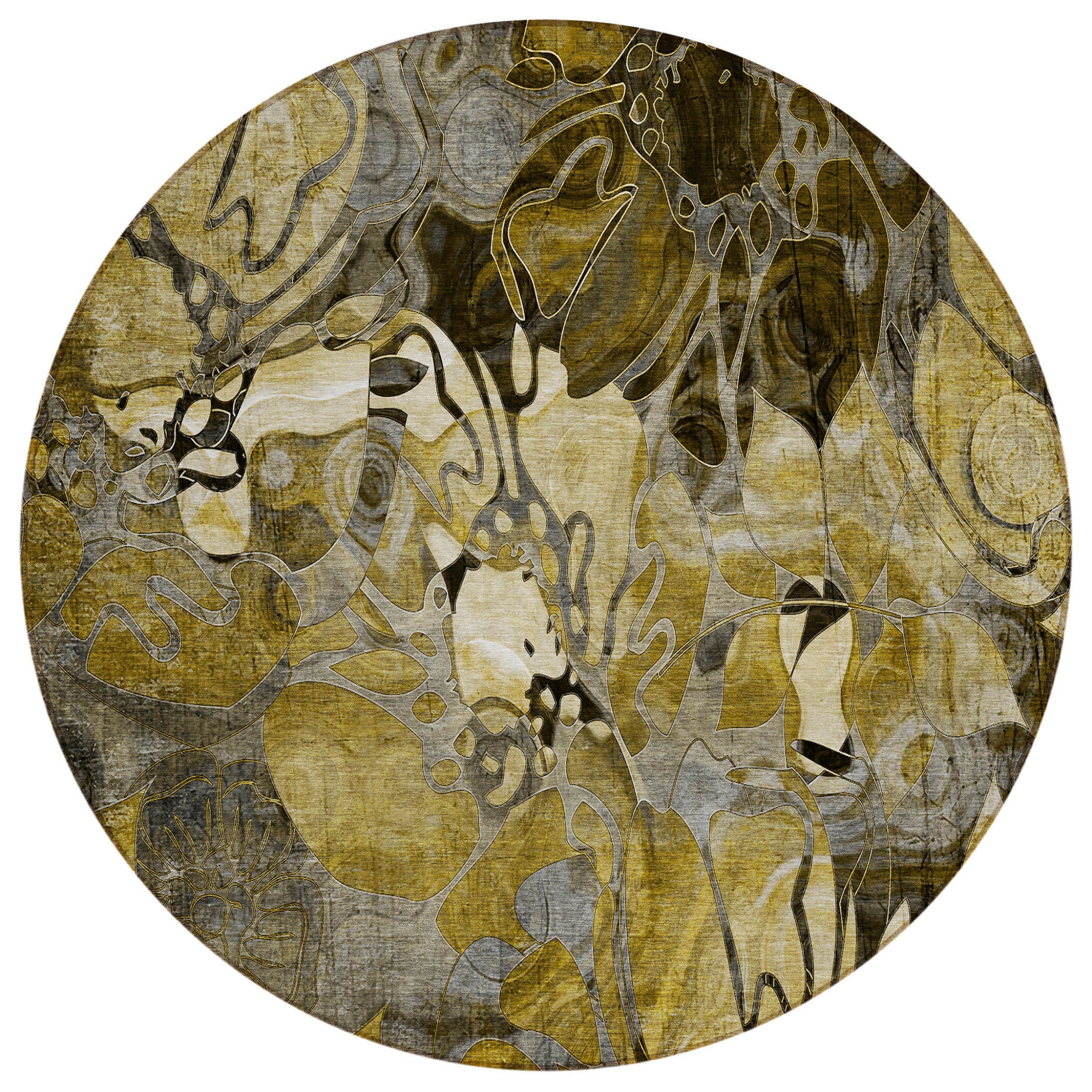 8 Round Green and Brown Round Floral Washable Non Skid Indoor Outdoor Area Rug