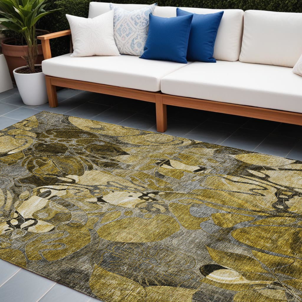 9 X 12 Green and Brown Floral Washable Non Skid Indoor Outdoor Area Rug