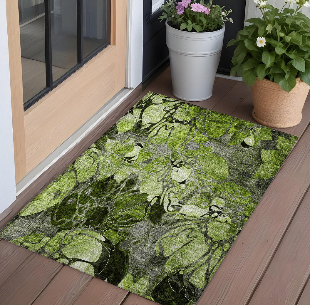 2 X 3 Fern Green and Gray Floral Washable Non Skid Indoor Outdoor Area Rug