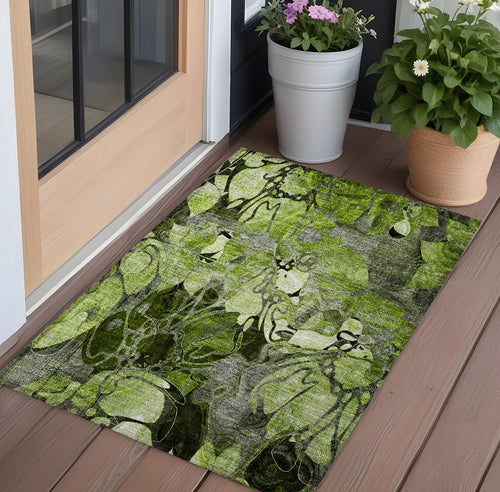 2 X 3 Fern Green and Gray Floral Washable Non Skid Indoor Outdoor Area Rug