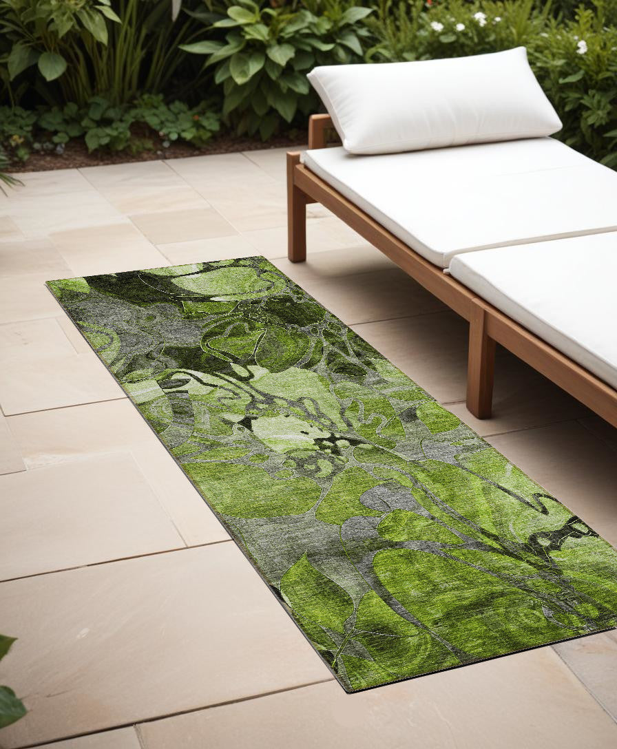 8 Runner Fern Green and Gray Floral Washable Non Skid Indoor Outdoor Runner Rug