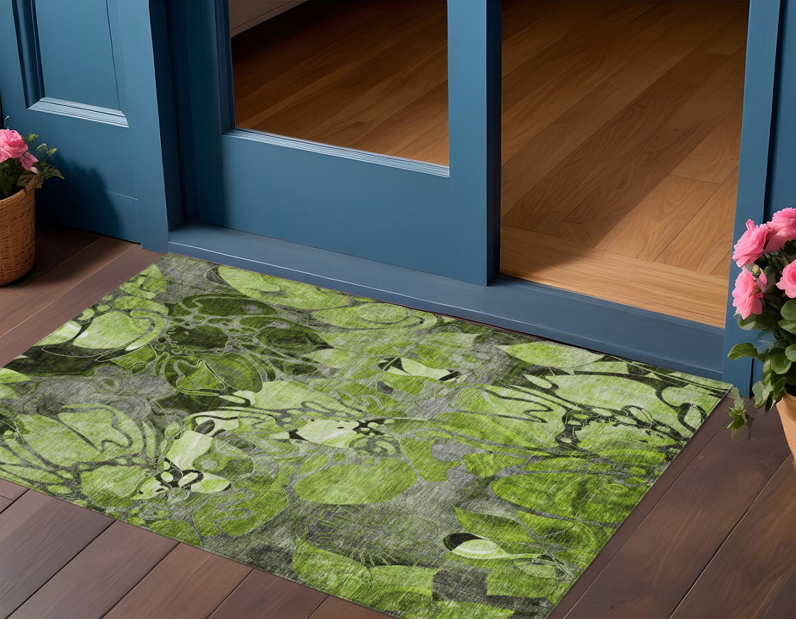 3 X 5 Fern Green and Gray Floral Washable Non Skid Indoor Outdoor Area Rug