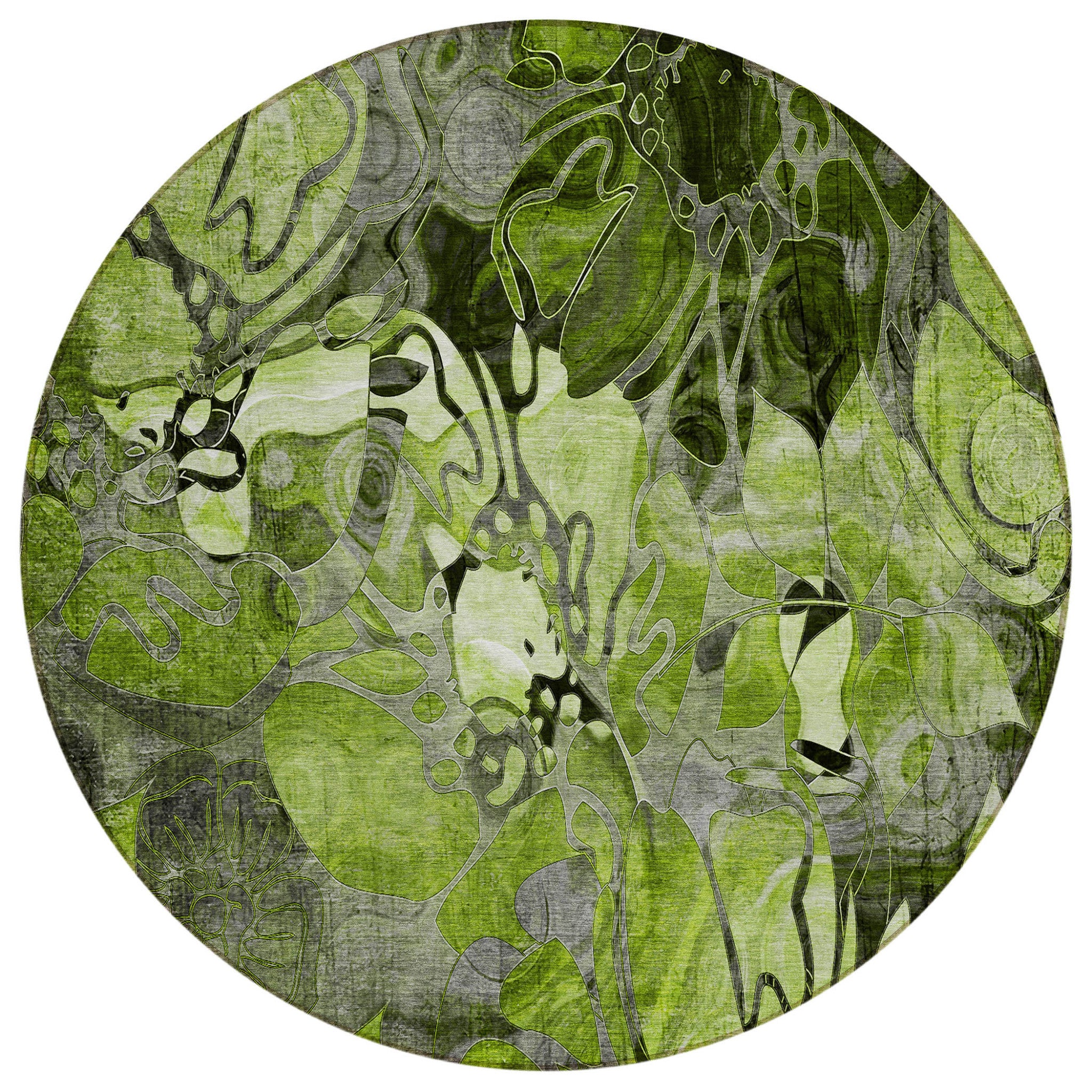 8 Round Fern Green and Gray Round Floral Washable Non Skid Indoor Outdoor Area Rug