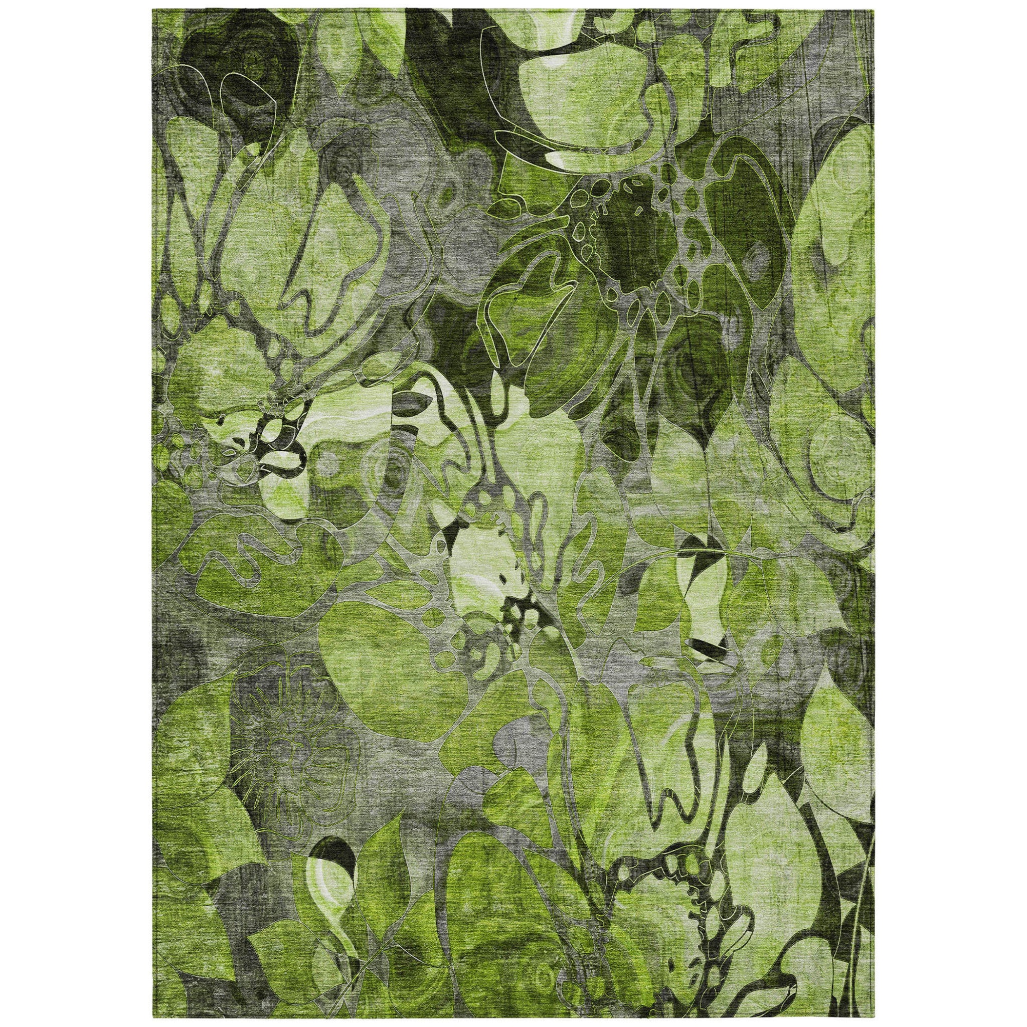10 X 14 Fern Green and Gray Floral Washable Non Skid Indoor Outdoor Area Rug