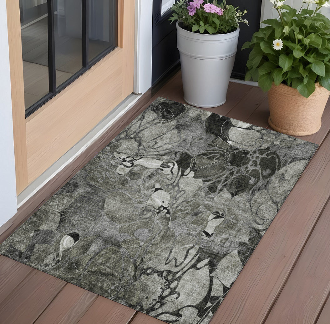 2 X 3 Gray Floral Washable Non Skid Indoor Outdoor Area Rug