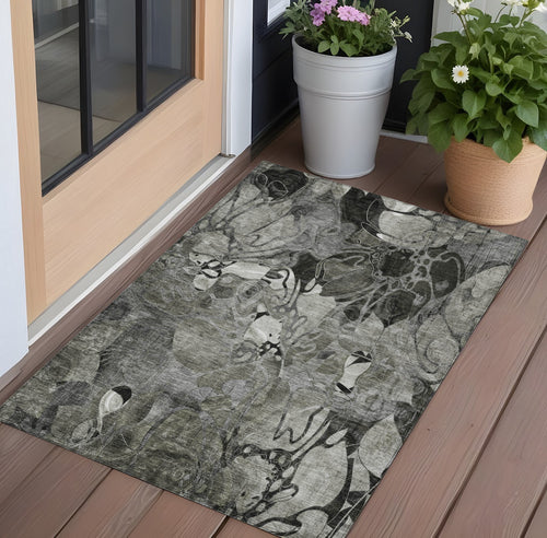 2 X 3 Gray Floral Washable Non Skid Indoor Outdoor Area Rug