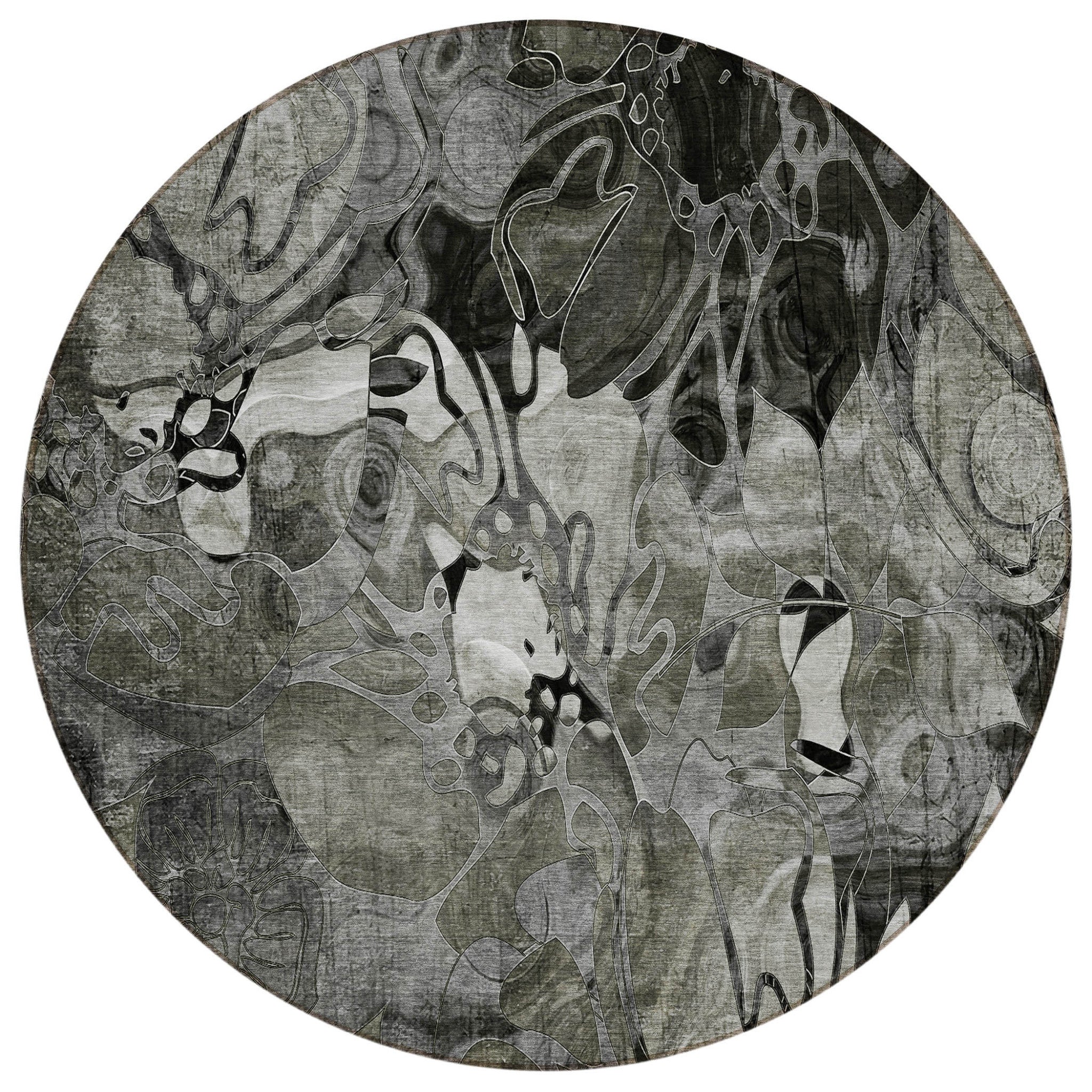 8 Round Gray Round Floral Washable Non Skid Indoor Outdoor Area Rug