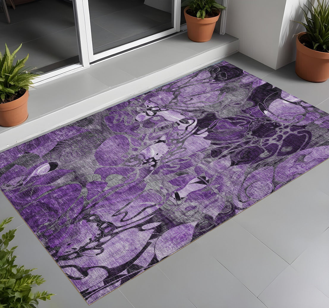 3 X 5 Purple Floral Washable Non Skid Indoor Outdoor Area Rug