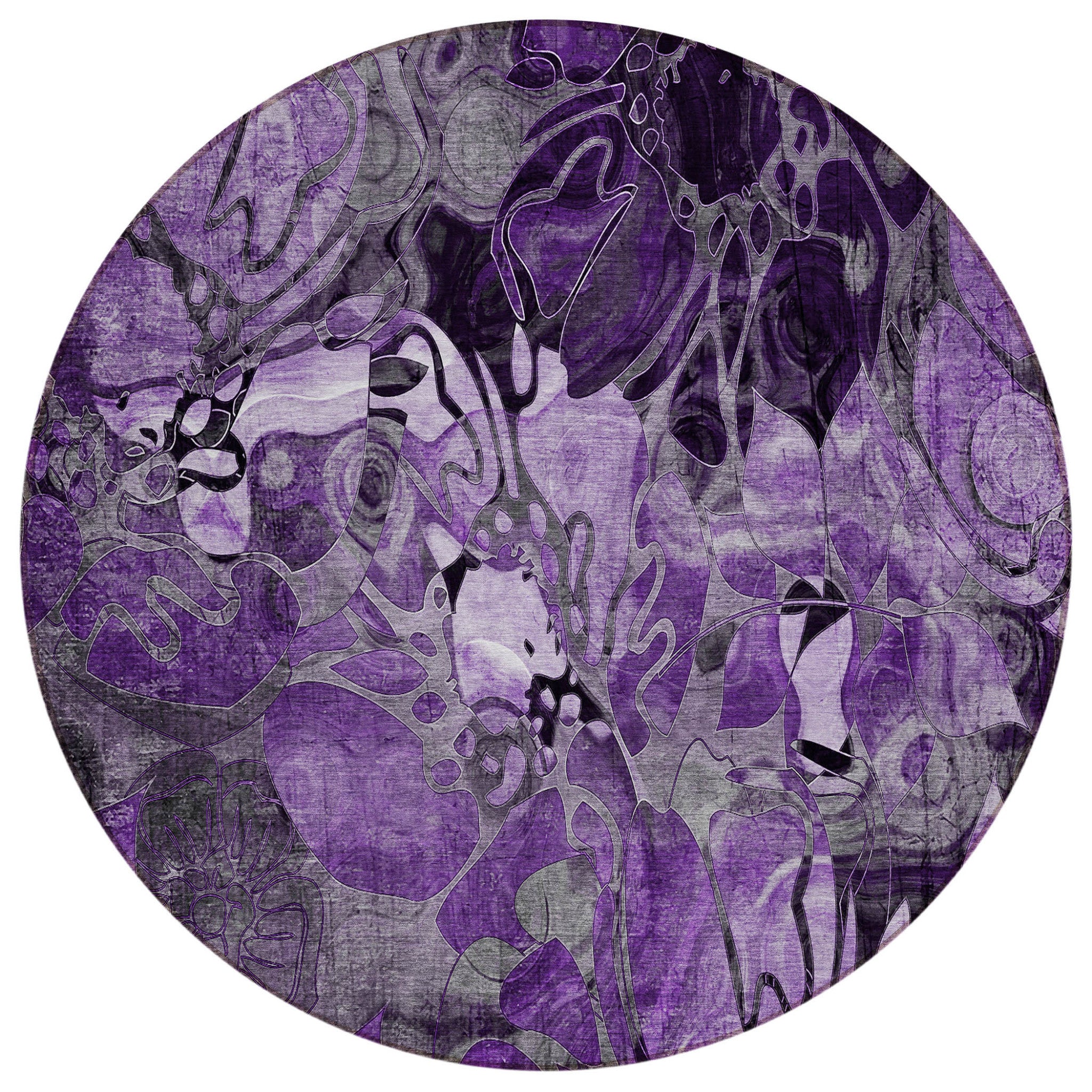 8 Round Purple Round Floral Washable Non Skid Indoor Outdoor Area Rug