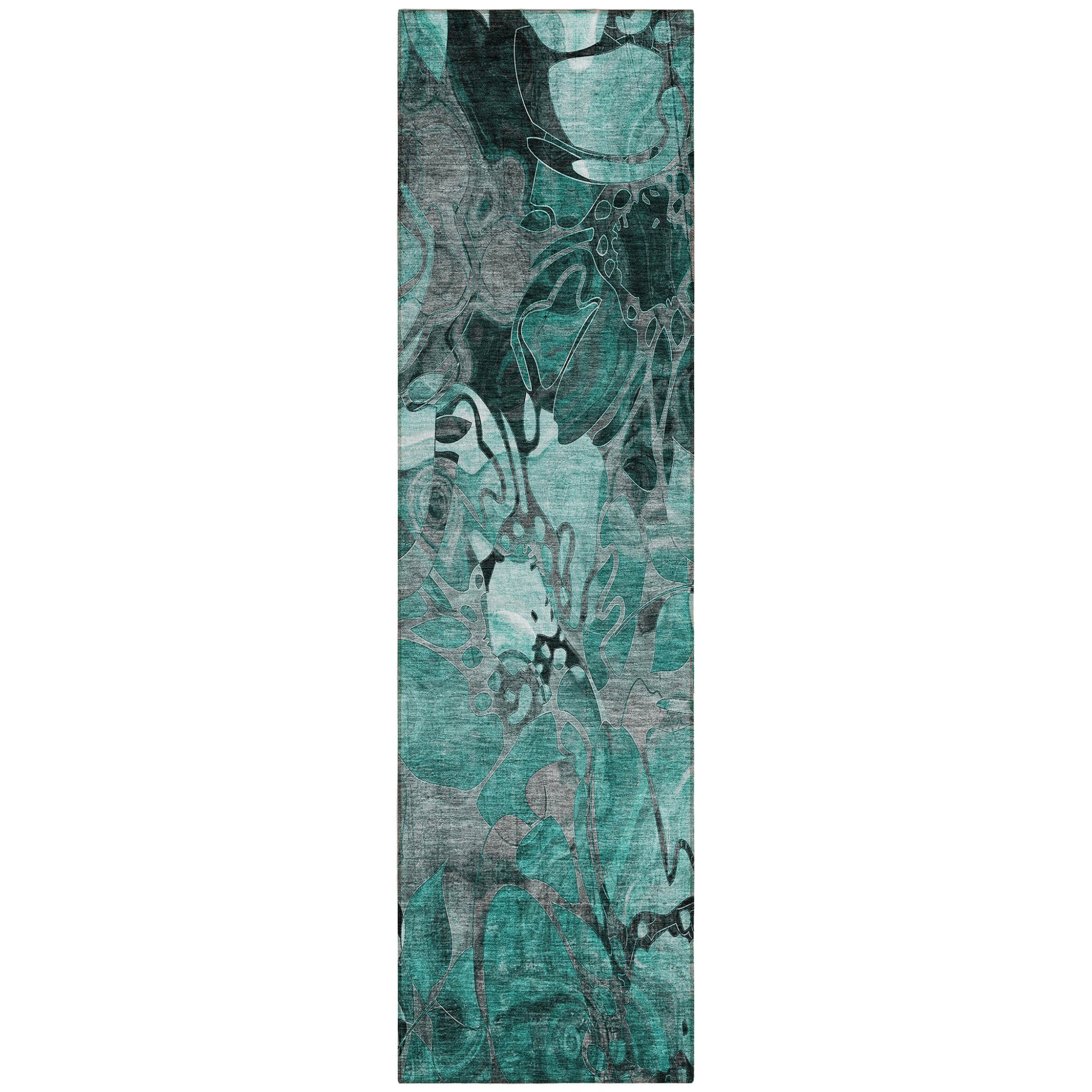 8 Runner Teal Black and Gray Floral Washable Non Skid Indoor Outdoor Runner Rug