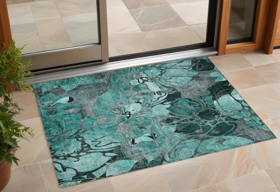 3 X 5 Teal Black and Gray Floral Washable Non Skid Indoor Outdoor Area Rug