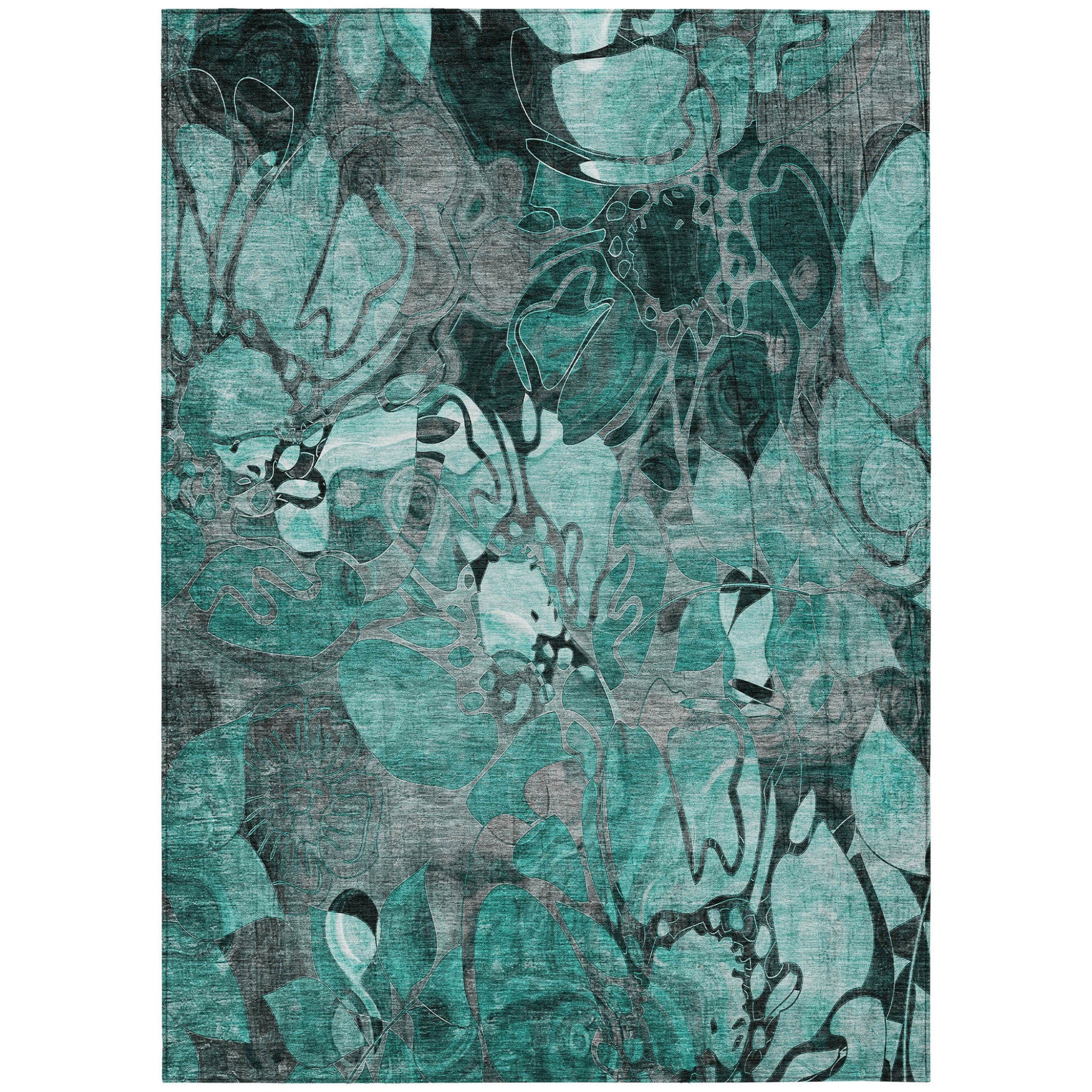 5 X 8 Teal Black and Gray Floral Washable Non Skid Indoor Outdoor Area Rug