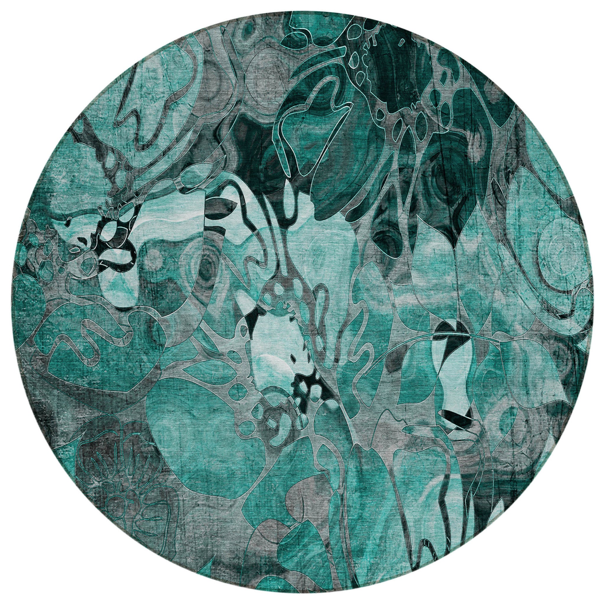 8 Round Teal Black and Gray Round Floral Washable Non Skid Indoor Outdoor Area Rug