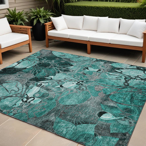10 X 14 Teal Black and Gray Floral Washable Non Skid Indoor Outdoor Area Rug