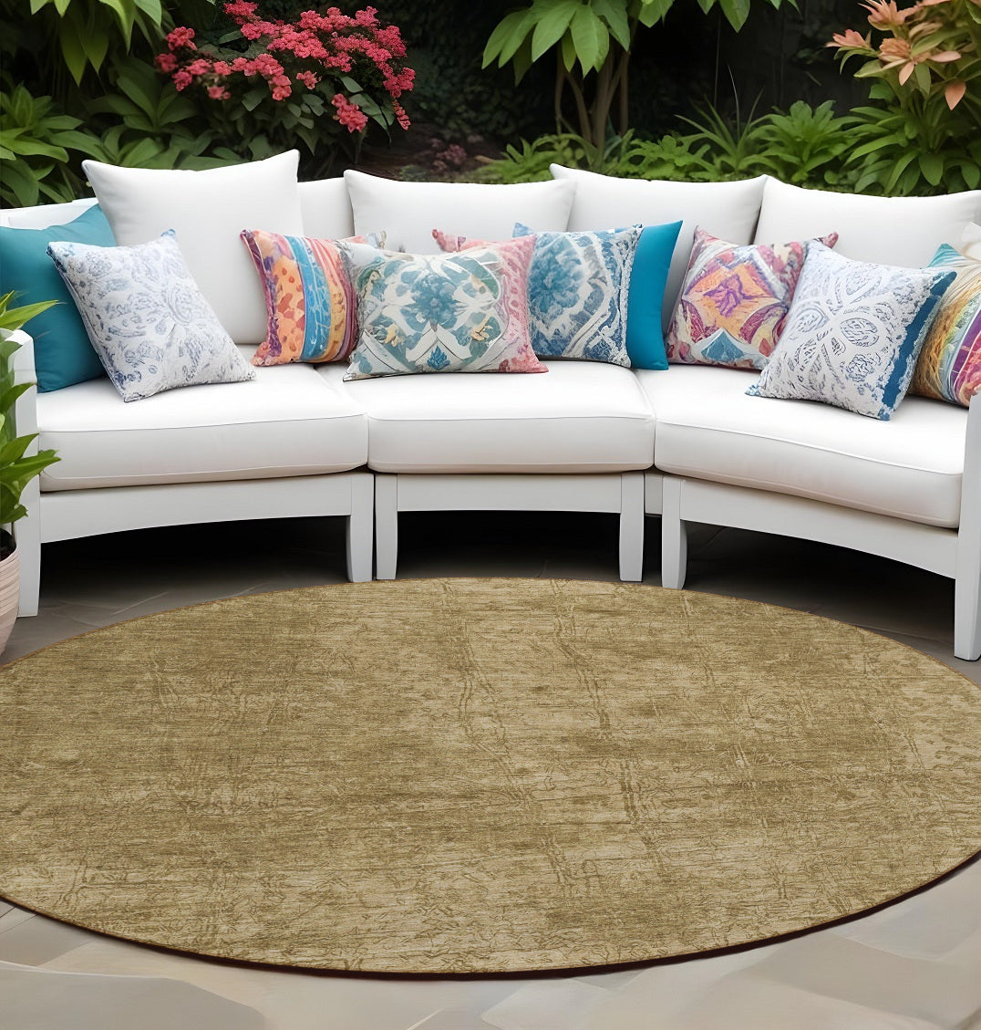 8 Round Tan Round Abstract Washable Non Skid Indoor Outdoor Area Rug