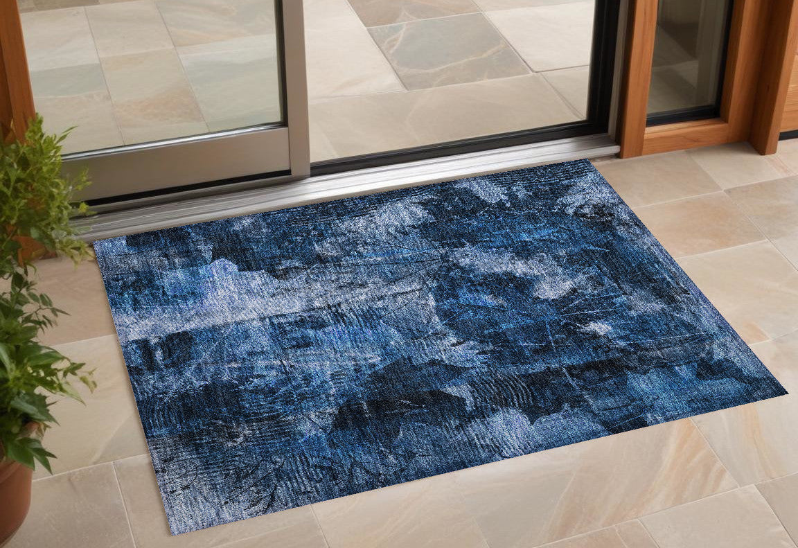 3 X 5 Navy Blue Floral Washable Non Skid Indoor Outdoor Area Rug