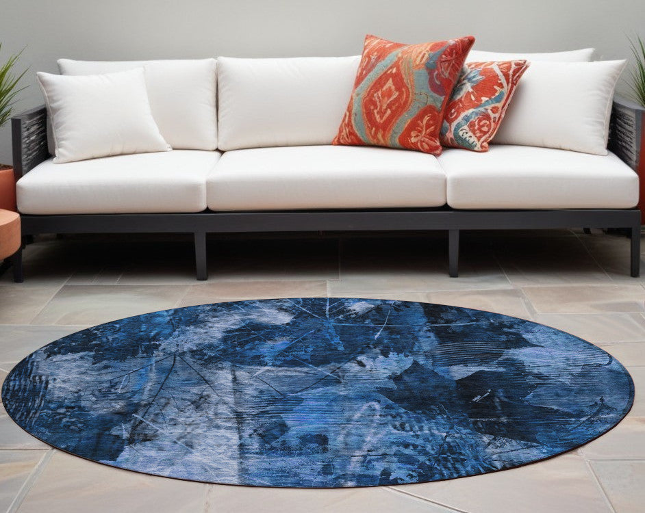 8 Round Navy Blue Round Floral Washable Non Skid Indoor Outdoor Area Rug