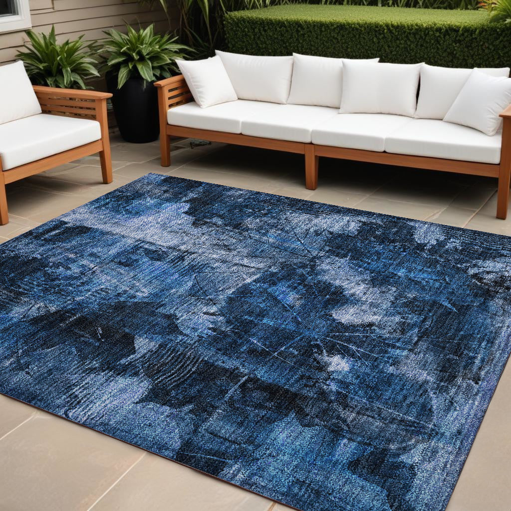 10 X 14 Navy Blue Floral Washable Non Skid Indoor Outdoor Area Rug