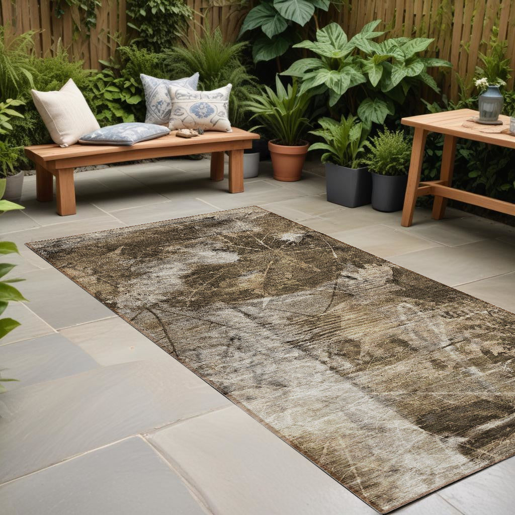 8 Runner Taupe Floral Washable Non Skid Indoor Outdoor Runner Rug