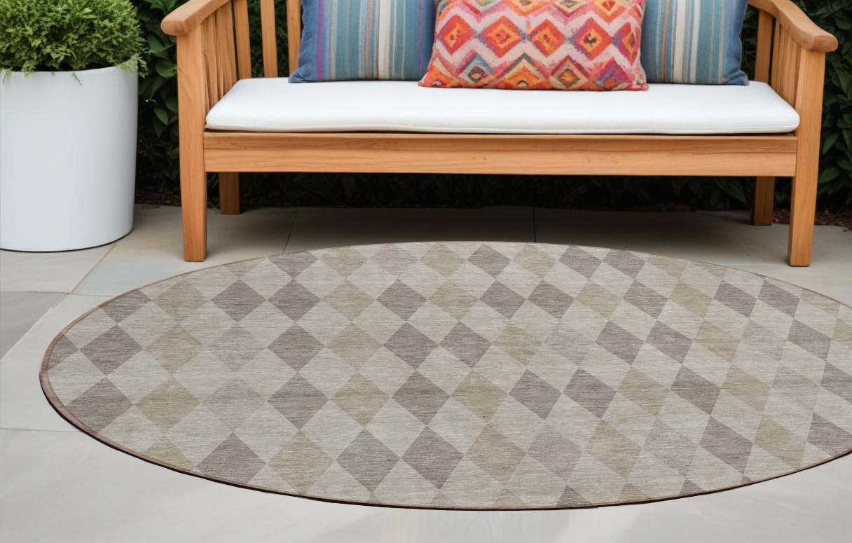 8 Round Beige Taupe and Brown Round Geometric Washable Non Skid Indoor Outdoor Area Rug