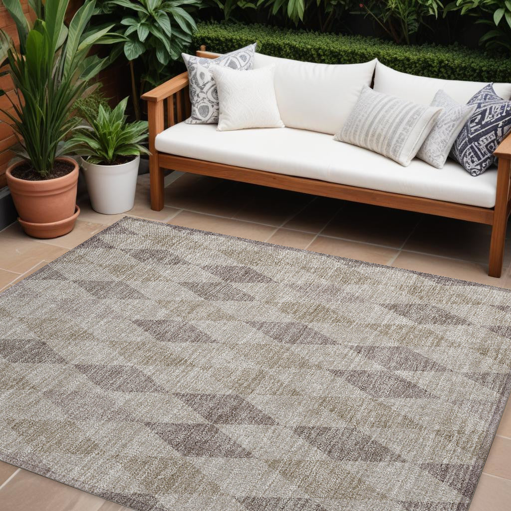 10 X 14 Beige Taupe and Brown Geometric Washable Non Skid Indoor Outdoor Area Rug