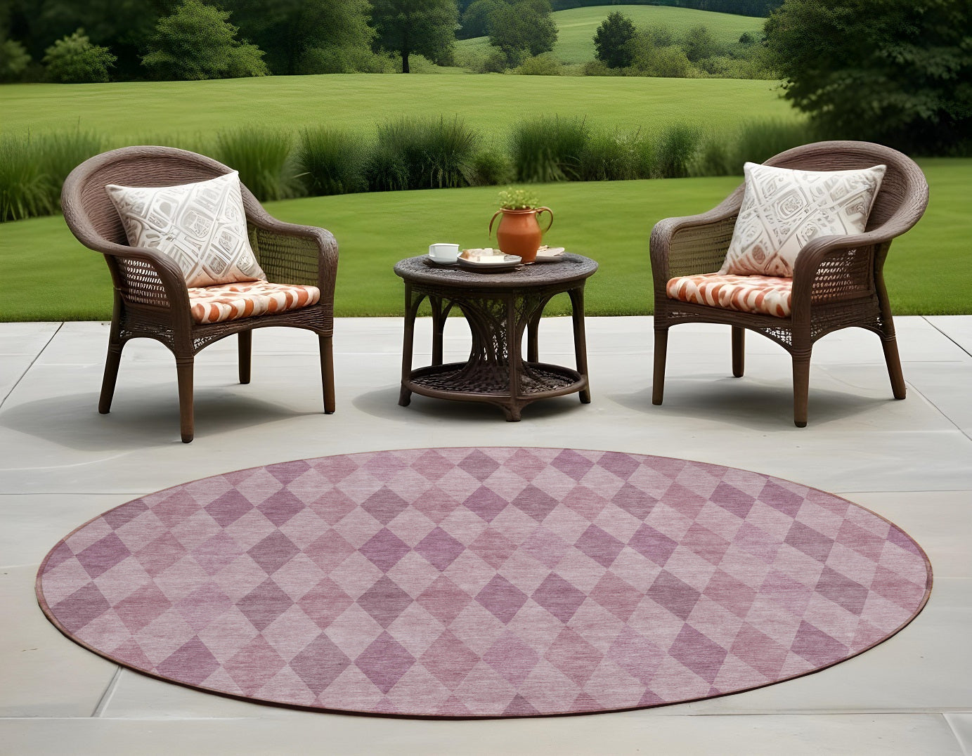 8 Round Blush Round Geometric Washable Non Skid Indoor Outdoor Area Rug