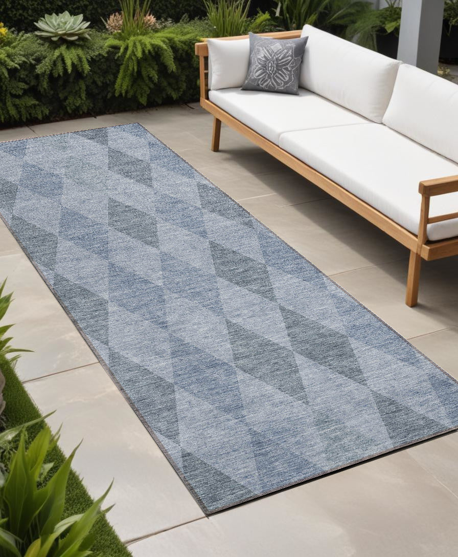 8 Runner Denim Blue Geometric Washable Non Skid Indoor Outdoor Runner Rug