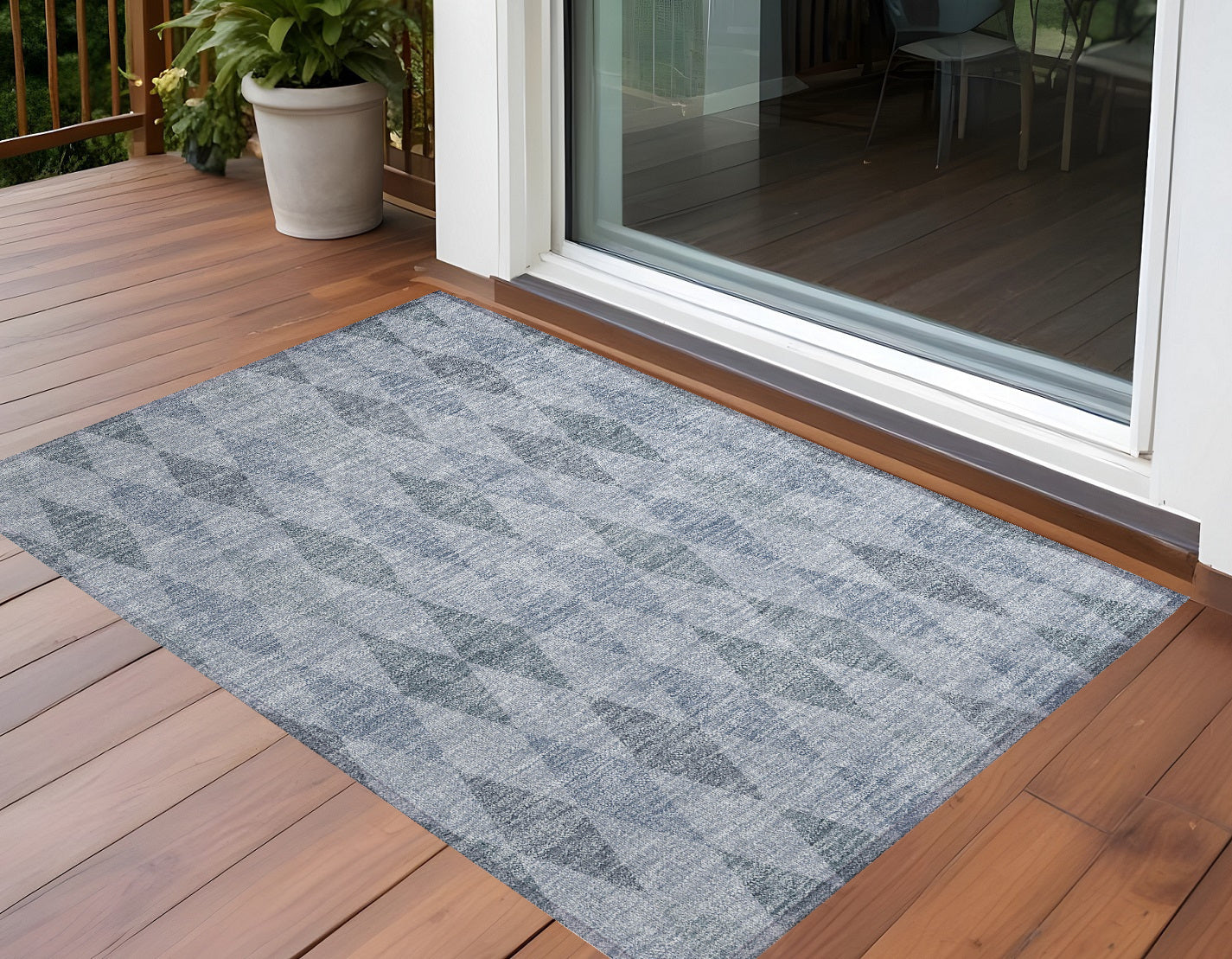 3 X 5 Denim Blue Geometric Washable Non Skid Indoor Outdoor Area Rug