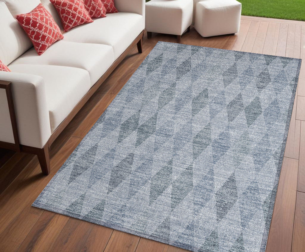 5 X 8 Denim Blue Geometric Washable Non Skid Indoor Outdoor Area Rug