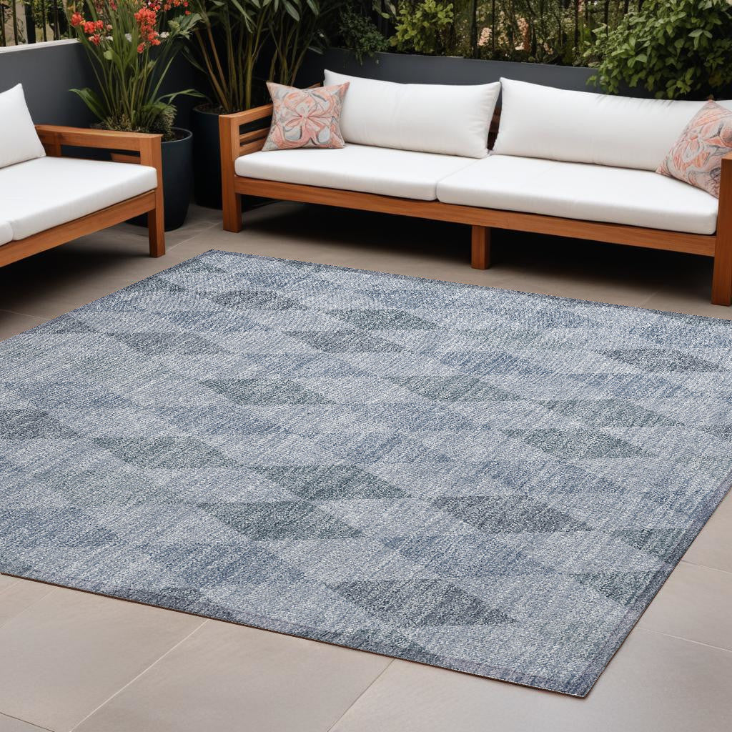 9 X 12 Denim Blue Geometric Washable Non Skid Indoor Outdoor Area Rug