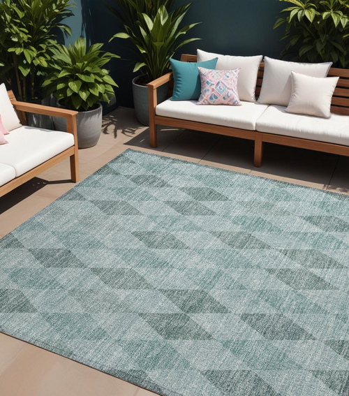 10 X 14 Teal Geometric Washable Non Skid Indoor Outdoor Area Rug