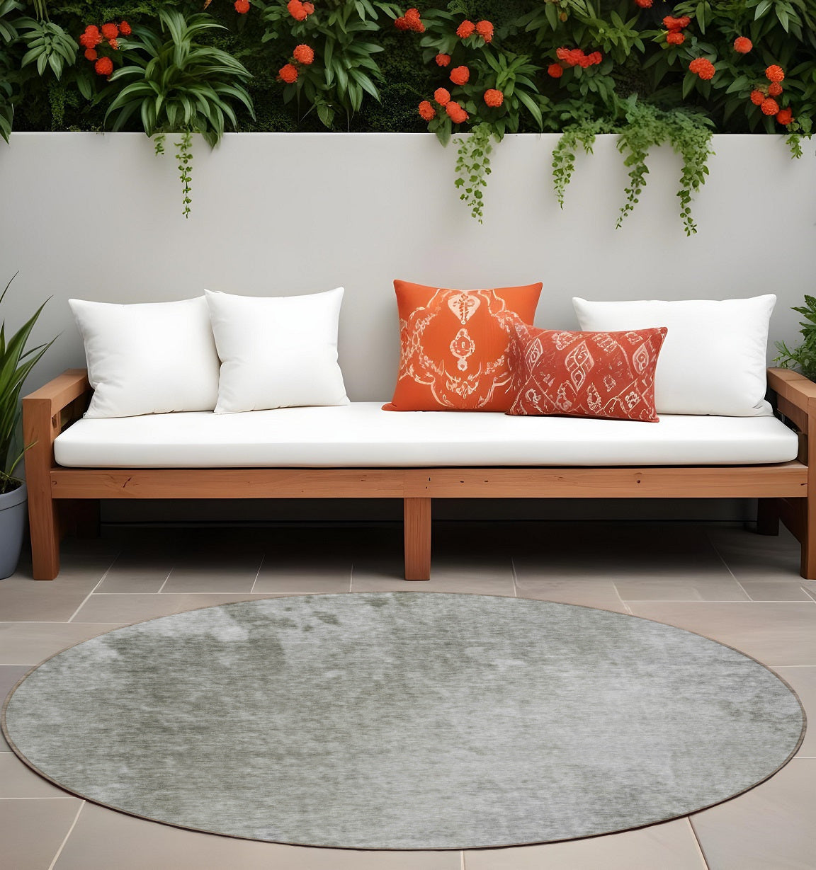 8 Round Gray and Off White Round Abstract Washable Non Skid Indoor Outdoor Area Rug