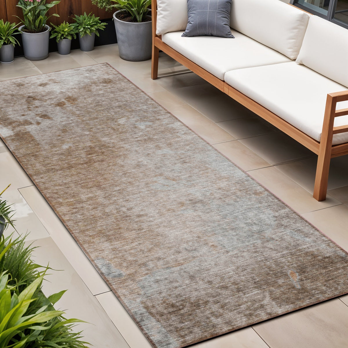 8 Brown And Off White Abstract Washable Indoor Outdoor Runner Rug