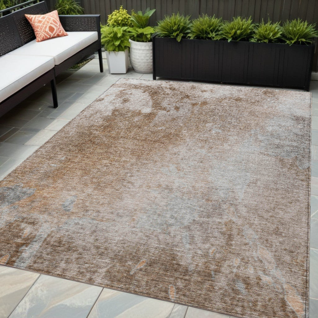 5 X 8 Brown and Off White Abstract Washable Non Skid Indoor Outdoor Area Rug