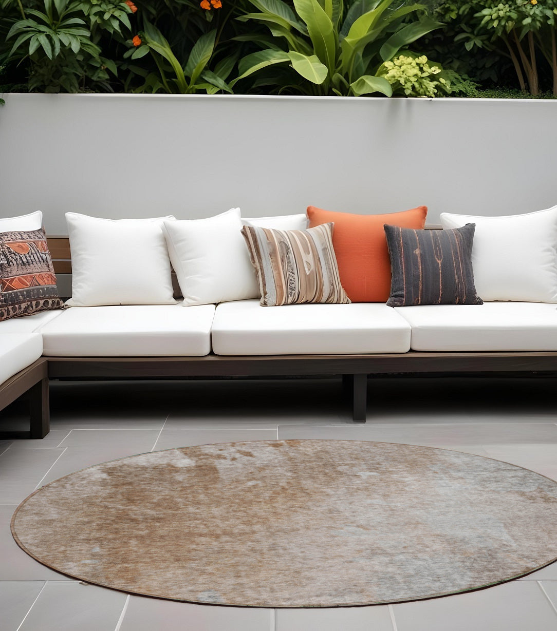 8 Round Brown and Off White Round Abstract Washable Non Skid Indoor Outdoor Area Rug