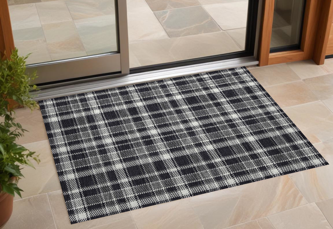 2 X 3 Black Gray and White Plaid Washable Non Skid Indoor Outdoor Area Rug